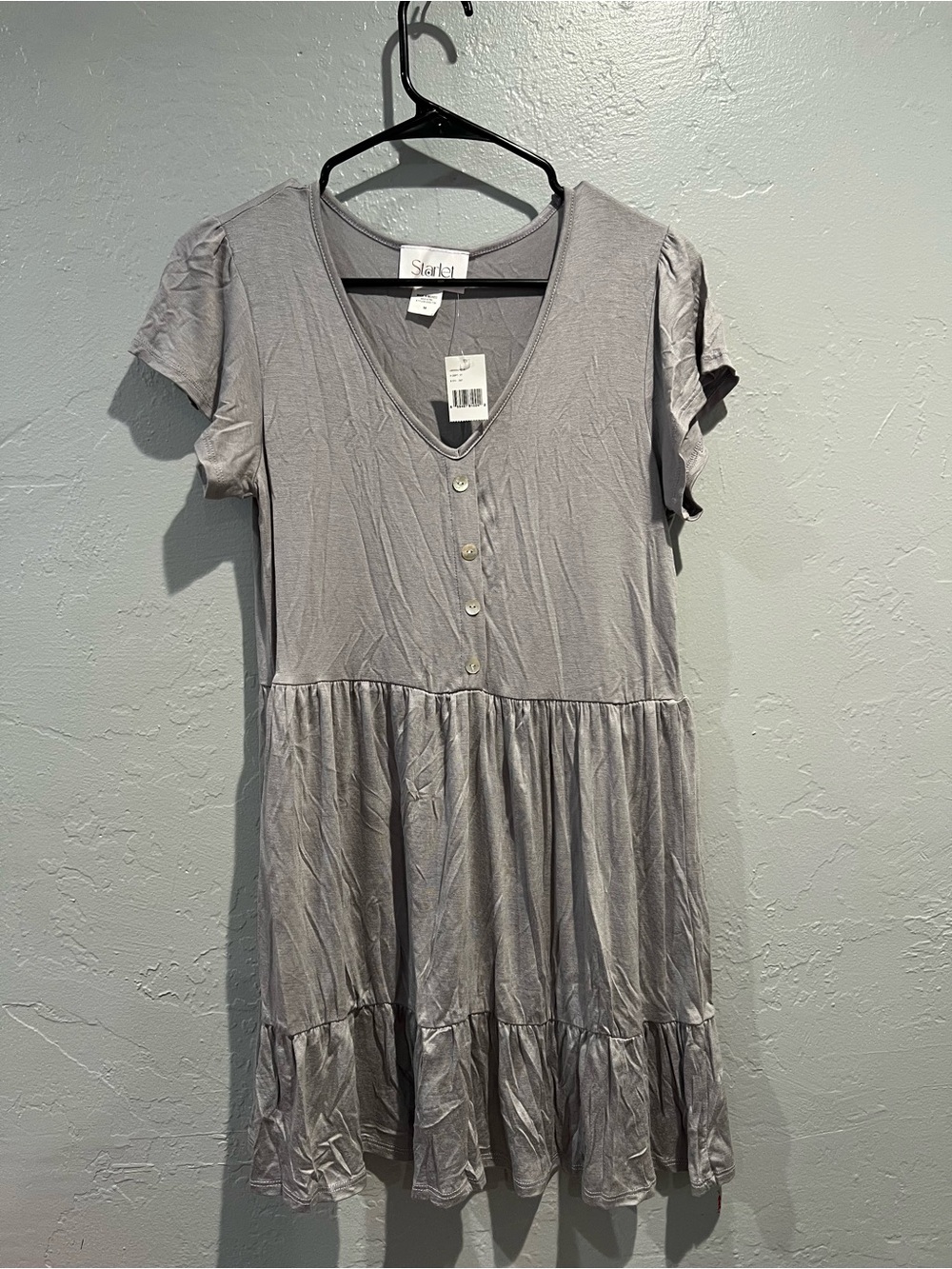 Girls' Grey V-Neck Tiered Casual Dress with Buttons